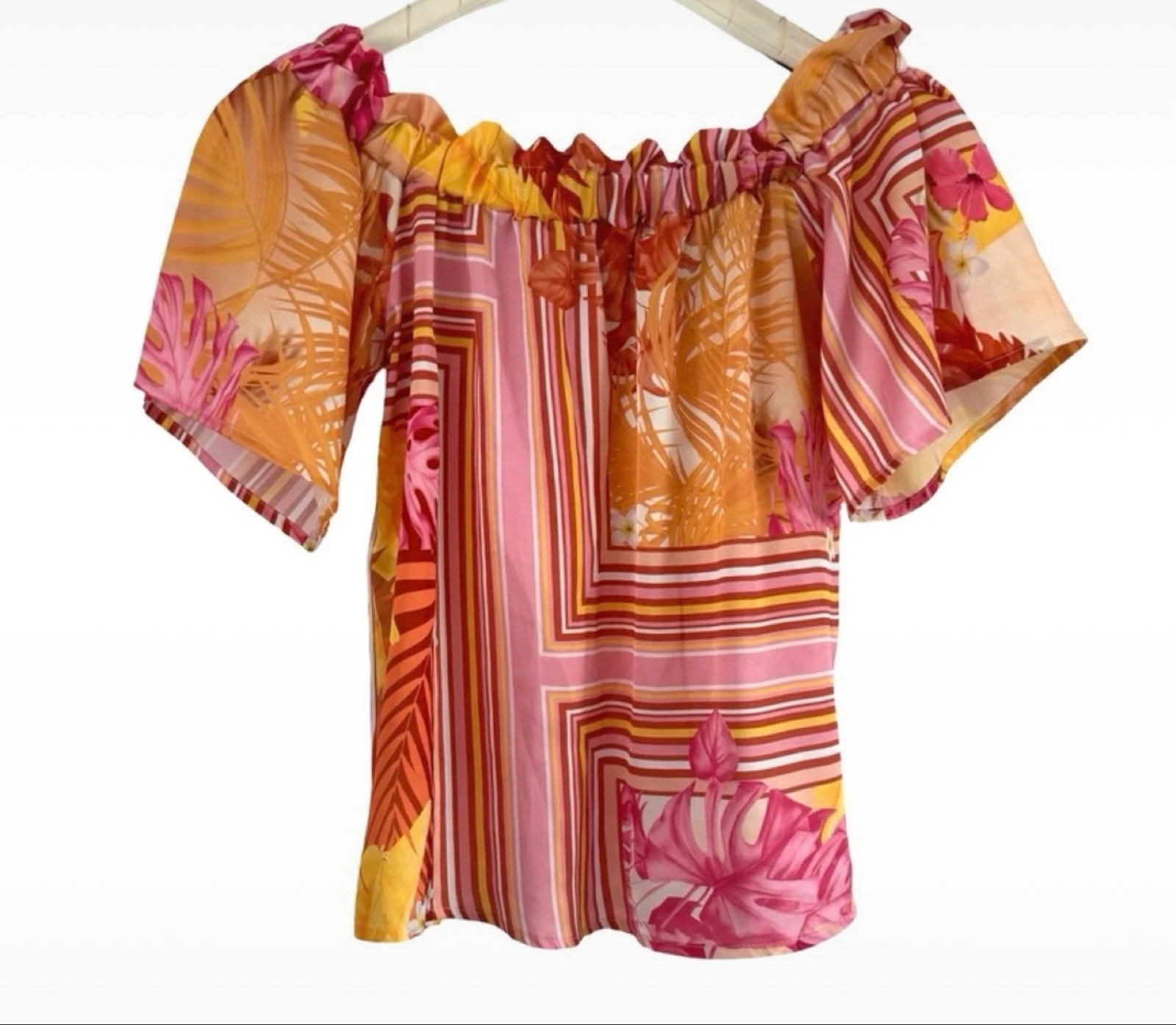 Top off-shoulder Rinascimento tamanho PP com estampa rosa e laranja Made in Italy – photo 3